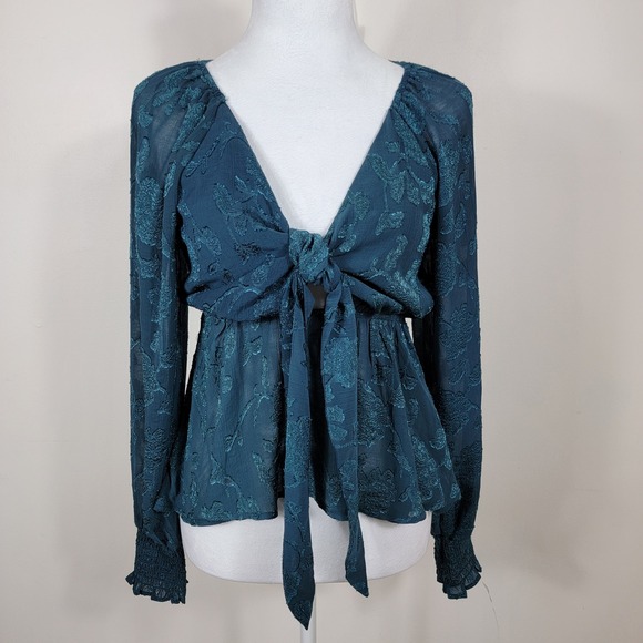 Francescos Fairy Top S Floral Teal Green Tie Front Long Sleeve Holiday Romantic - Picture 1 of 10